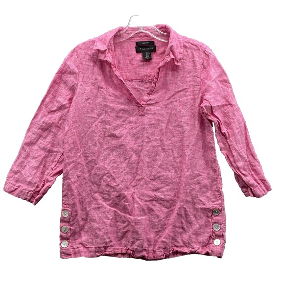 Tahari 100% Linen Shirt Women XS Pink Boho Chic Coastal Minimalist Beach Relaxed